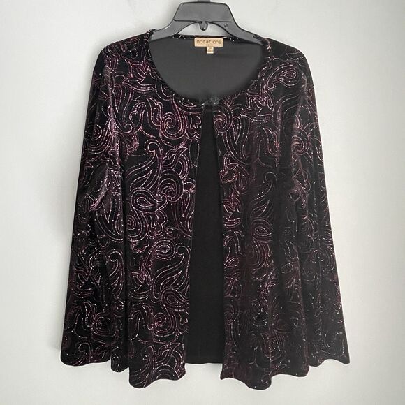 Black Velvet Red Sparkle Top Notations Sz 3X One Piece Cardigan Style Party - Picture 1 of 16